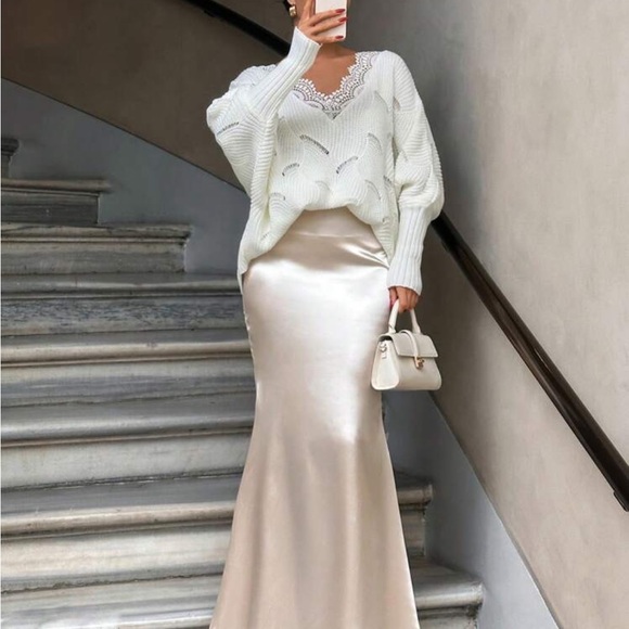 Boho Sheer Mesh Lace Long Sleeve Knit Sweater Top - Picture 6 of 7